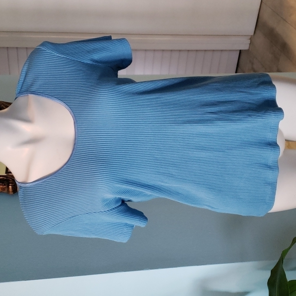 Sigrid Olsen Blue Ribbed Top with Scoop Neck